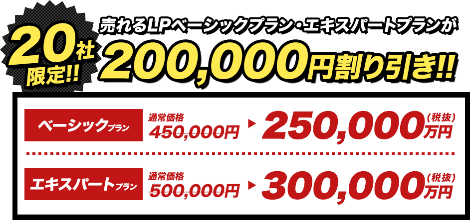 売れるLPベーシックプラン・エキスパートプランが200,000円割り引き!!